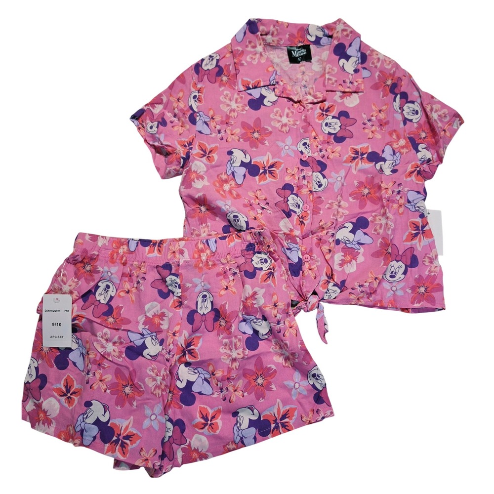 Disney Minnie Mouse Girls Pink Floral 2 Piece Shirt and Shorts Set Sz 9/10
